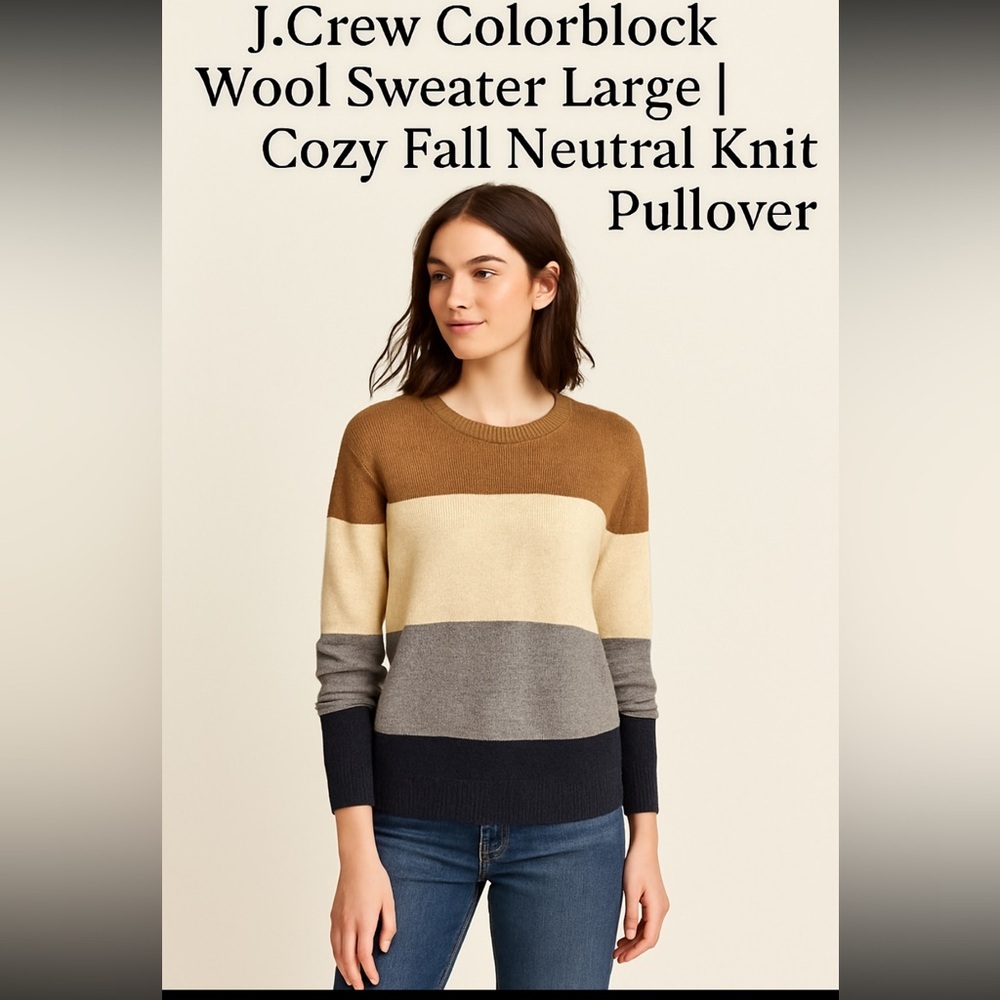 J.Crew Colorblock Wool Sweater Large | Cozy Fall Neutral Knit Pullover